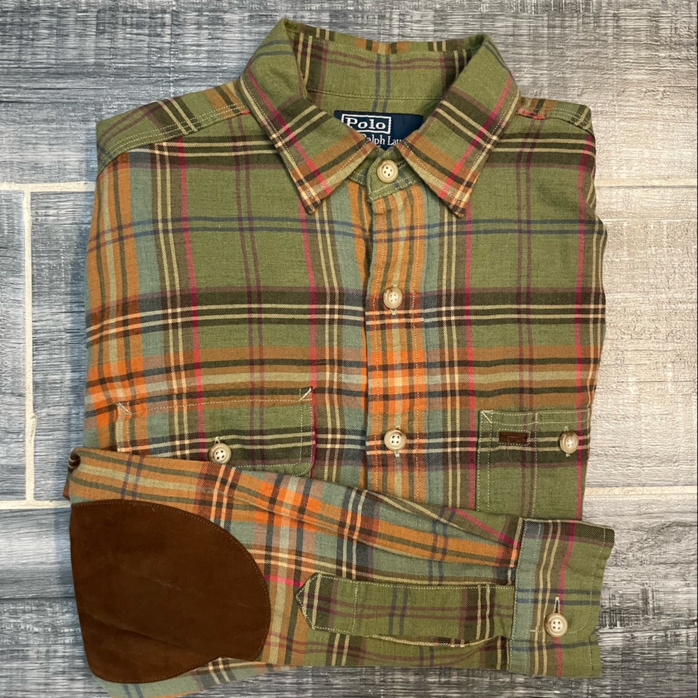 Rare Polo Ralph Lauren Cotton Wool Plaid Flannel Shirt with Suede Elbow Patches - Picture 8 of 9